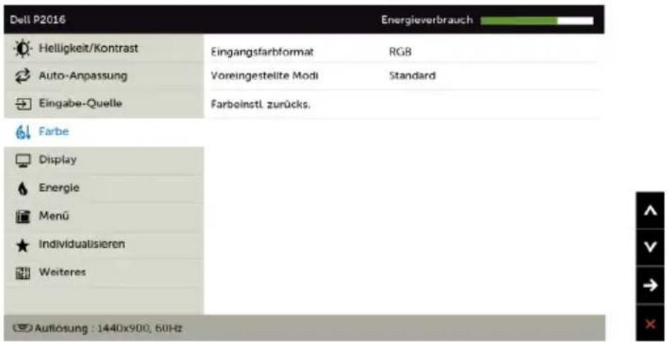 Dell P2016 Energieverbrauch Helligkeit/Kontrast Auto-Anpassung Eingabe-Quelle Eingangsfarbformat RGB Voreingestellte Modi Standard Farbolnstl. zurücks. Farbe Display Energie Menü Individualisieren Weiteres Auflösung : 1440x900, 60Hz