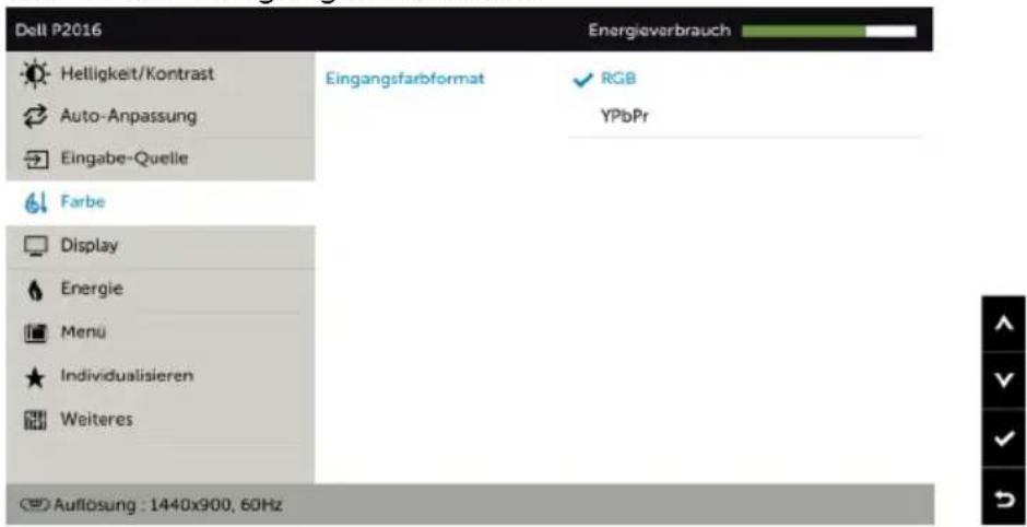 Dell P2016 Energieverbrauch Helligkeit/Kontrast Auto-Anpassung Eingabe-Quelle Farbe Display Energie Menu Individualisieren Weiteres Eingangsfarbformat RGB YPbPr Auflösung : 1440x900, 60Hz