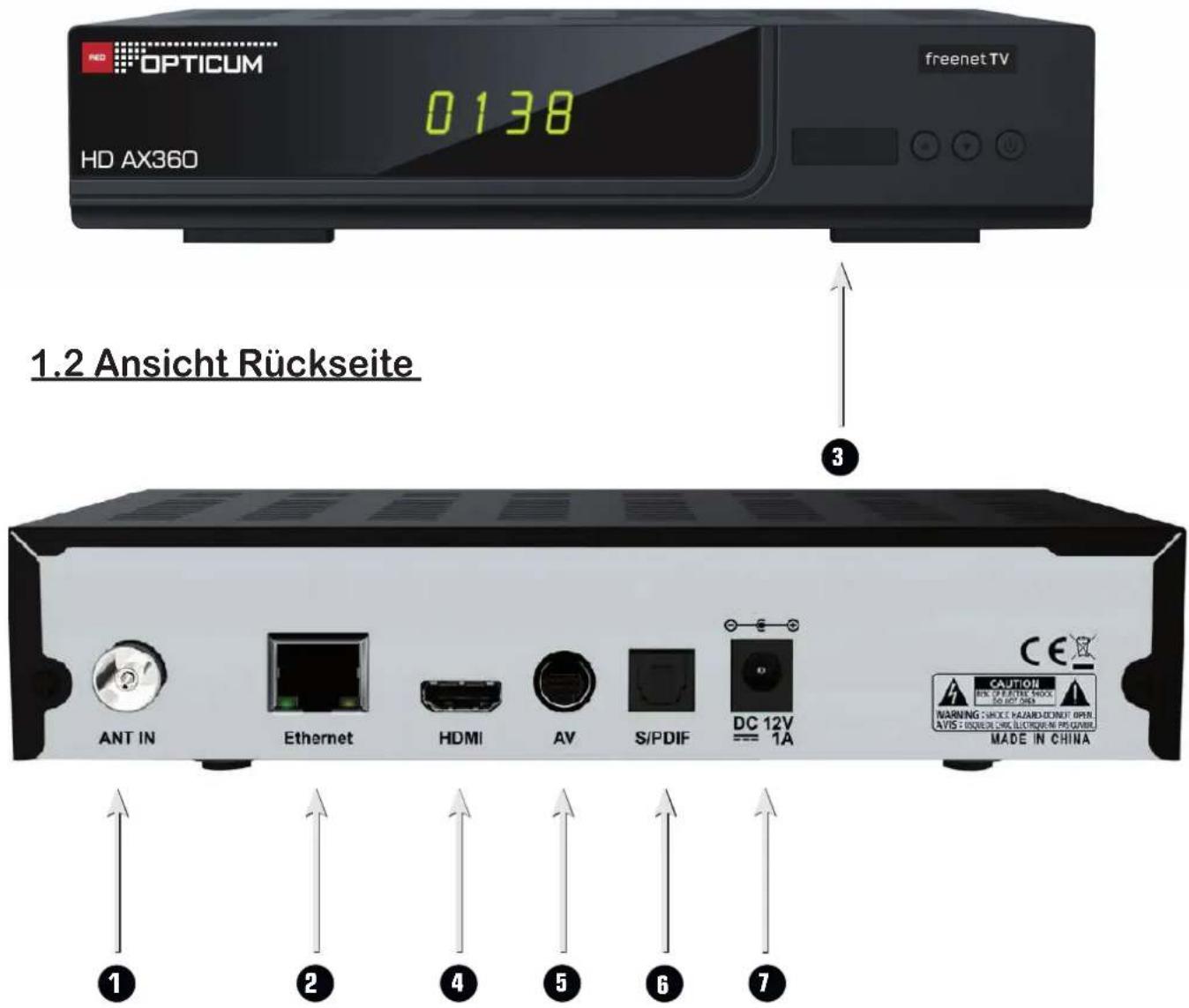 RED OPTICUM 0138 freenet TV HD AX360 1.2 Ansicht Rückseite ③ ANT IN Ethernet HDMI AV S/PDIF DC 12V 1A CAUTION WARNING SHOCK HAZARD-DEPOSIT BPAR AVIS + ENGLISH COLD ELECTRONIC PROCOMI MADE IN CHINA ① ② ④ ⑤ ⑥ ⑦