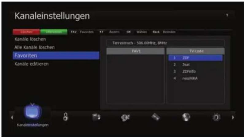 Kanaleinstellungen Löschen Übrücken FAV Favorites Andem OK Wahlen Back Bonnion Kanäle löschen Alle Kanäle löschen Favoriten Kanäle editieren Terrestrisch - 506.00MHz, BMHz FAV1 TV Laste 1 ZDF 2 3sat 3 ZDFinfo 4 neo/KKA Kanaleinstellungen