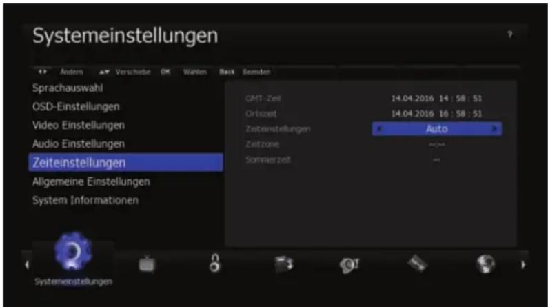 Systemeinstellungen Sprachauswahl OSD-Einstellungen Video Einstellungen Audio Einstellungen Zeiteinstellungen Allgemeine Einstellungen System Informationen GMT-Zet 14.04.2016 14:58:51 Ortset 14.04.2016 16:58:51 Zeiteinstellungen Auto Zeitzone ~~ Sommerzeit -- Systemenstellungen