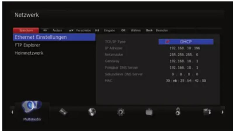 Netzwerk Sociellen 4.9 Andem Verschette 0-8 Engabe OK Wahlen Back Remden Ethernet Einstellungen FTP Explorer Heimnetzwerk TCP/IP Type DHCP IP Adresise 192.168, 10, 196 Netzmuske 255.255, 255, 0 Gateway 192.168, 10, 1 Premärer DNS Server 192.168, 10, 1 Selundäre DNS Server 0, 0, 0, 0 MAC 30 : eb : 25 : b4 : 42 : 00 Multimedia
