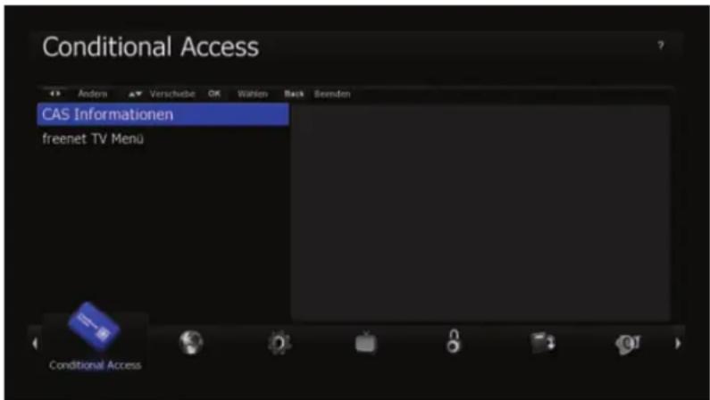 Conditional Access Andern Verschiebe OK Waizen Back Remden CAS Informationen freenet TV Menu Conditional Access