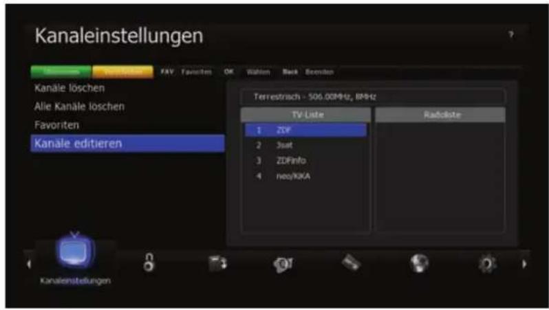 Kanaleinstellungen Kanale löschen Alle Kanäle löschen Favoriten Kanäle editieren Terrestrisch - 506.00MHz, 8MHz TV Liste Radioöste 1 ZDF 2 3sat 3 ZDInfo 4 neo/KKA Kanaleinstellungen