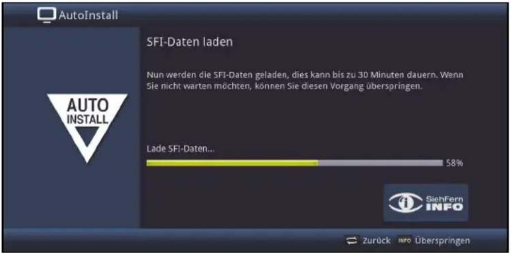 AutoInstall SFI-Daten laden Nun werden die SFI-Daten geladen, dies kann bis zu 30 Minuten dauern. Wenn Sie nicht warten möchten, können Sie diesen Vorgang überspringen. Lade SFI-Daten... 58% SiefHern INFO Zurück Info Überspringen