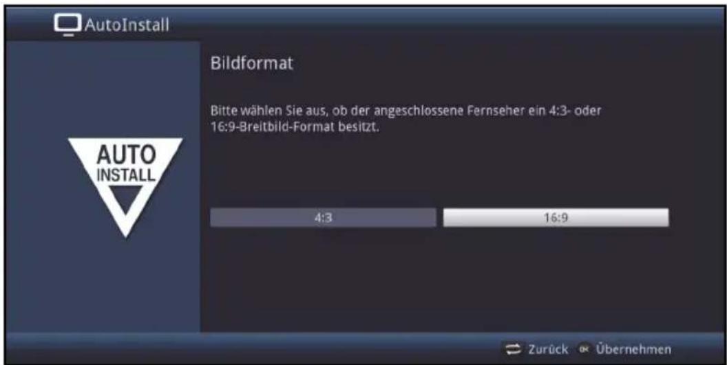 AutoInstall Bildformat Bitte wählen Sie aus, ob der angeschlossene Fernseher ein 4:3- oder 16:9-Breitbild-Format besitzt. 4:3 16:9 Zurück Übernehmen
