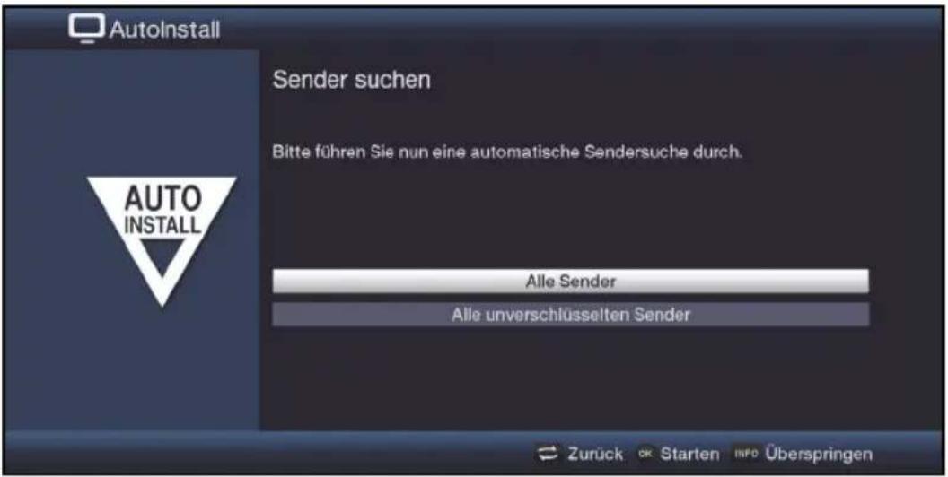 AutoInstall Sender suchen Bitte führen Sie nun eine automatische Sendersuche durch. AUTO INSTALL Alle Sender Alle unverschlüsselten Sender Zurück OK Starten INFO Überspringen