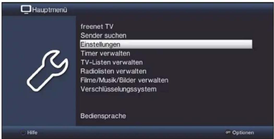 Hauptmenü freenet TV Sender suchen Einstellungen Timer verwalten TV-Listen verwalten Radiolisten verwalten Filme/Musik/Bilder verwalten Verschlüsselungssystem Bediensprache Hilfe Optionen