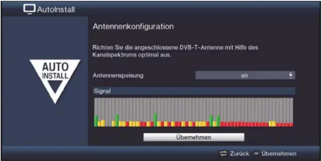 AutoInstall Antennenkonfiguration Richten Sie die angeschlossene DVB-T-Antenne mit Hilfe des Kanalspektrums optimal aus. Antennenspeisung an Signal Übernehmen Zurück ÖK Übernehmen