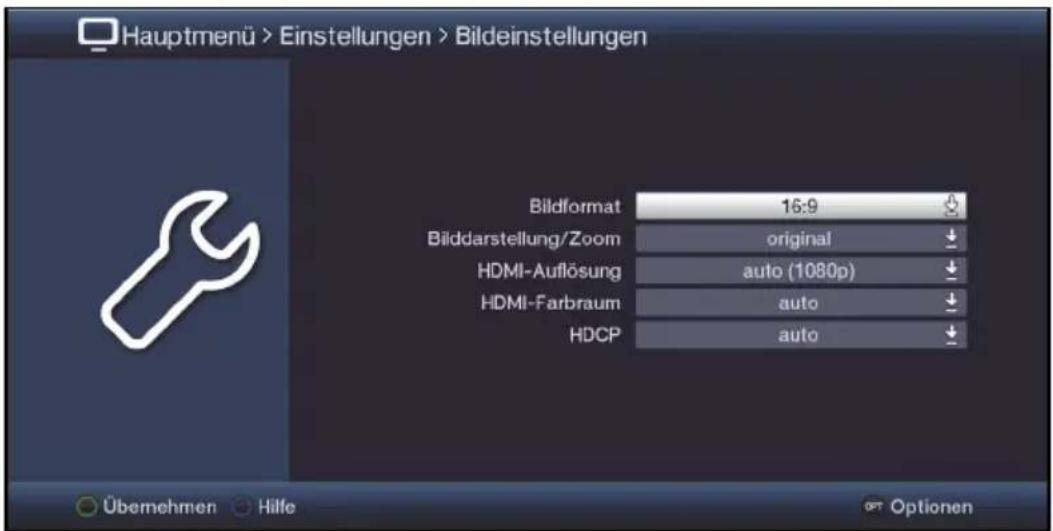 Hauptmenü > Einstellungen > Bildeinstellungen Bildformat 16:9 Bilddarstellung/Zoom original HDMI-Auflösung auto (1080p) HDMI-Farbraum auto HDCP auto Übernehmen Hilfe Options
