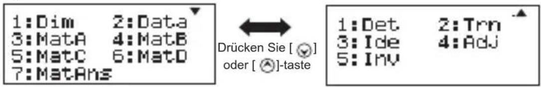 1:Dim 2:Data 3:MatA 4:MatB 5:MatC 6:MatD 7:MatAns Drücken Sie [ ⚙ ] oder [ ⚗]-taste 1:Det 2:Trn 3:Ide 4:Adj 5:Inv