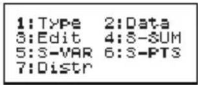 1:Type 2:Data 3:Edit 4:S-SUM 5:S-VAR 6:S-PTS 7:Distr