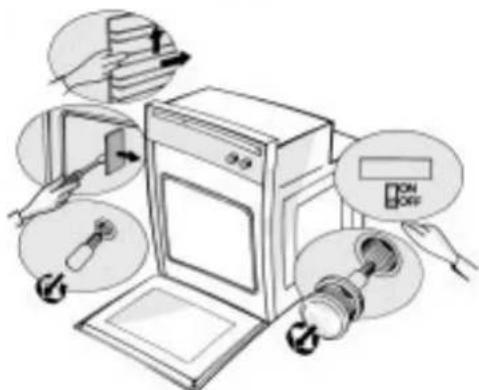 Diagram illustrating the installation of an oven with labeled components and directional arrows indicating motion or movement.
