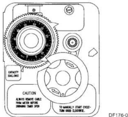 CAPACITY SALLONS CAUTION ALWAYS REMOSE CABLE FROM WATER BEFORE SPRINGING TIMER OPEN TO MANUALLY START CYCLE- TURN NOOD CLOCKWISE. DF176-0