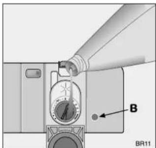 Diagram showing a bottle pouring liquid into a washing machine with labeled component B and BR11 label