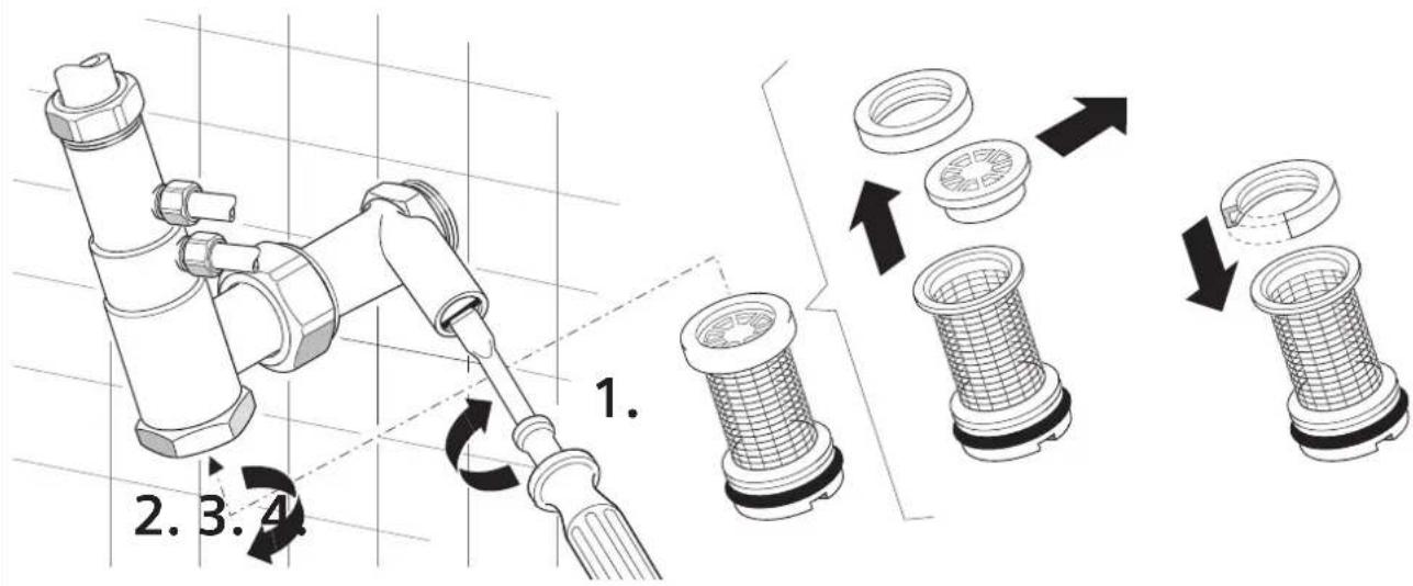 Technical diagram illustrating the assembly of a cleaning tool with numbered steps and component illustrations.