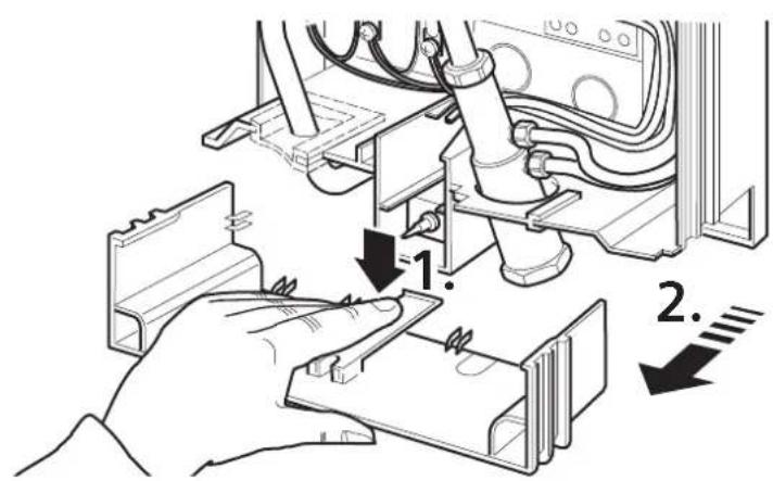 Technical diagram showing a hand operating a device with labeled parts and directional arrows indicating assembly or repair steps.