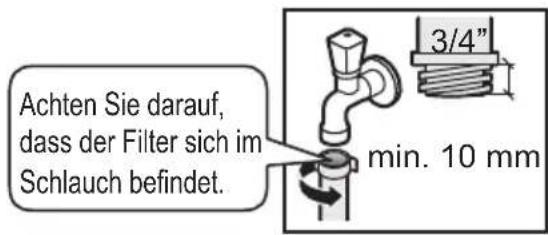Achten Sie darauf, dass der Filter sich im Schlauch befindet. 3/4" min. 10 mm