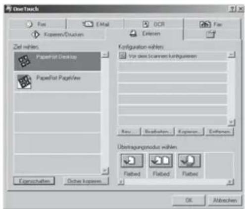OneTouch Fax E-Mail OCR Fax Kopieren/Drucken Editieren Zeilenhöhe PaperPort Desktop PaperPort PageView Konfiguration fühlen Vor dem Scannen kündigungen Neu... Einplanen... Kopien... Exchange Übertragungsmodus wählen Flachbett Flachbett Flachbett OK Abbrechen