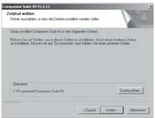 Companion Suite III V1.0.12 Zielordner wählen Ordner auswählen, in dem die Daten installiert werden sollen Setup installiert Companion Suite III in dem folgenden Ordner. Klicken Sie auf "Weiter", um in diesem Ordner zu installieren. Um in einem anderen Ordner zu installieren, klicken Sie auf "Durchs…