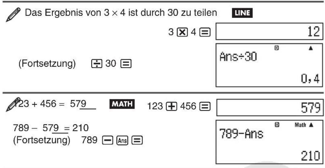 Das Ergebnis von 3 × 4 ist durch 30 zu teilen LINE 3 × 4 = 12 (Fortsetzung) ÷ 30 = Ans÷30 0,4 723 + 456 = 579 MATH 123 + 456 = 579 789 - 579 = 210 (Fortsetzung) 789 - Ans = 789-Ans 210
