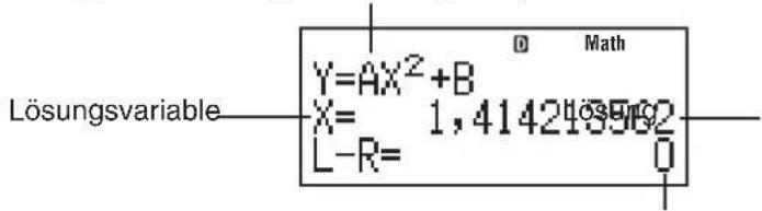 Lösungsvariable Y=AX²+B X= 1,414213562 L-R= 0 D Math