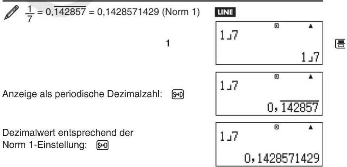 1/7 = 0,142857 = 0,1428571429 (Norm 1) Anzeige als periodische Dezimalzahl: S+D Dezimalwert entsprechend der Norm 1-Einstellung: S+D LINE 1,7 1,7 1,7 0,142857 1,7 0,1428571429