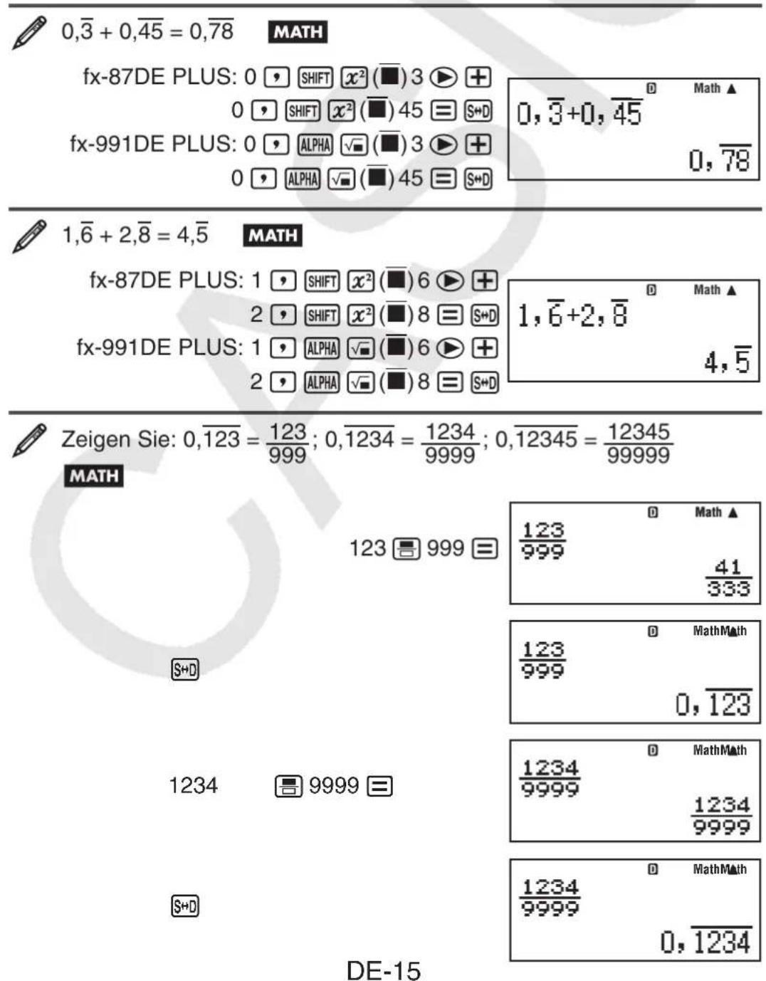 CASIO FX-87DE Plus - Beispiele für periodische Dezimalzahlen - 1