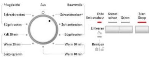 Pflegeleicht Aus Baumwolle Schranktrocken Schranktrocken Bügeltrocken Schranktrocken Bügeltrocken Kauf 20 min Warm 20 min Warm 60 min Warm 40 min Zeitprogramm Ende Knitterschutz Knitterschutz Schon Start Stopp Entleeren Reinigen
