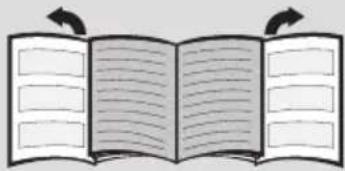 Illustration of an open book with blank pages and decorative arrows indicating text (no actual text or symbols)