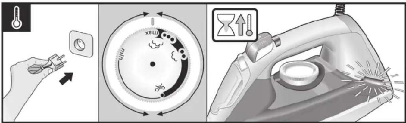 Illustration showing a hand using a power switch to adjust its temperature, next to a circular dial with 'max' and 'min' labels, and a warning symbol indicating heat release.