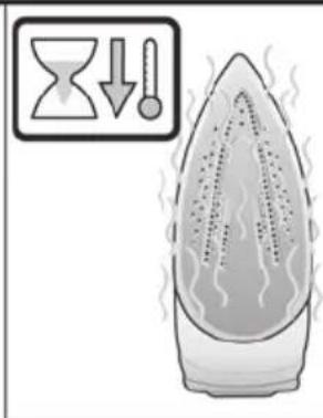 Illustration of a steaming iron with an hourglass icon showing downward and leftward arrows (no text or symbols)
