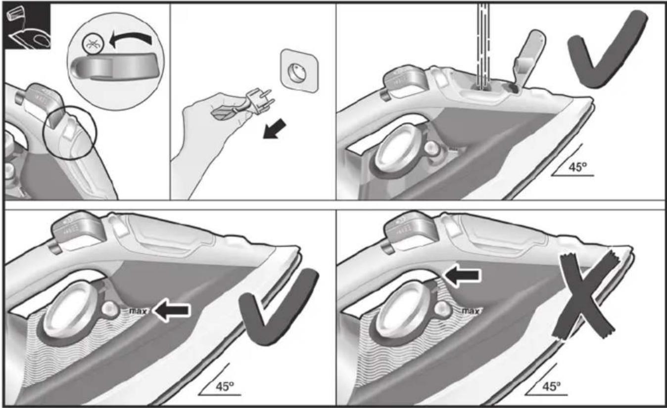 Four-panel comic strip showing a hand holding a small component, with annotations indicating 'max' and directional arrows, and a 45° angle marker.