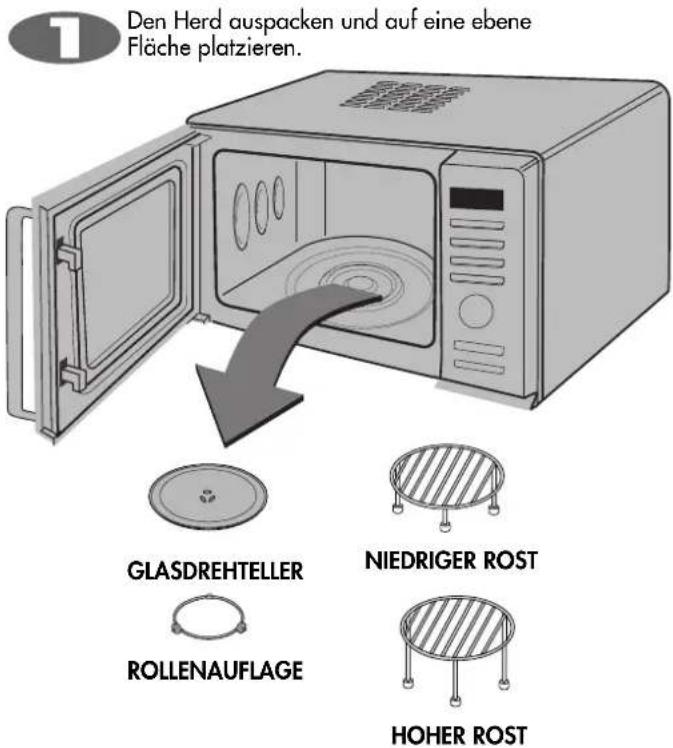 1 Den Herd auspacken und auf eine ebene Fläche platzieren. GLASDREHTELLER ROLLENAUFLAGE NIEDRIGER ROST HOHER ROST