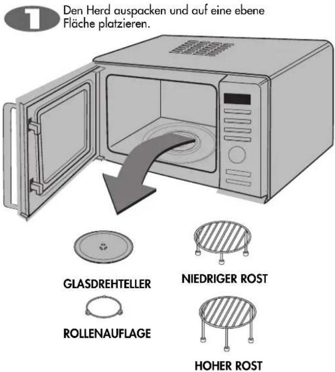 1 Den Herd auspacken und auf eine ebene Fläche platzieren. GLASDREHTELLER ROLLENAUFLAGE NIEDRIGER ROST HOHER ROST