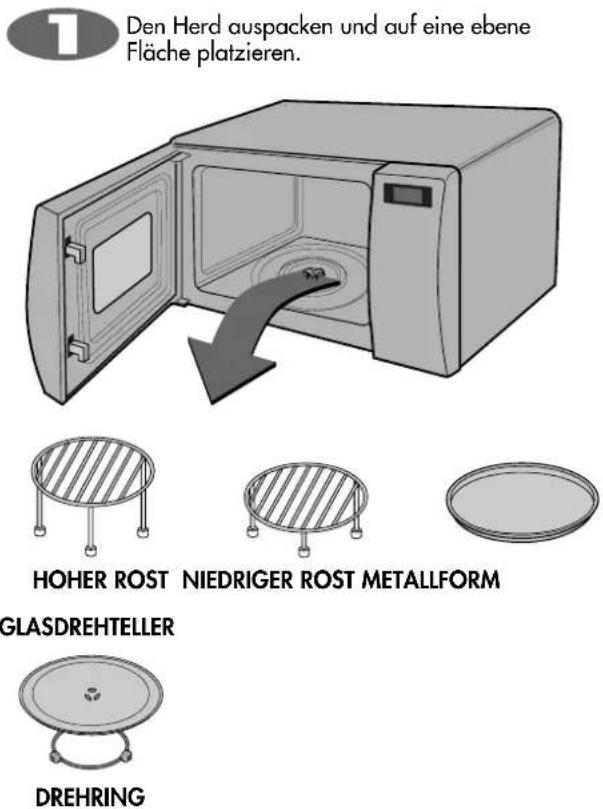 1 Den Herd auspacken und auf eine ebene Fläche platzieren. HOHER ROST NIEDRIGER ROST METALLFORM GLASDREHTELLER DREHRING