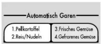 Automatisch Garen 1.Pellkartoffel 2.Reis/Nudeln 3.Frisches Gemüse 4.Gefrorenes Gemüse