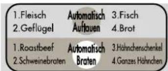 1.Fleisch 2.Geflügel 1.Roastbeef 2.Schweinebraten Automatisch Auftauen Automatisch Braten 3.Fisch 4.Brot 3.Hähnchenchenkel 4.Ganzes Hähnchen