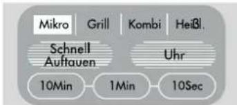Mikro | Grill | Kombi | Heißl. Schnell Auftauen Uhr 10Min 1Min 10Sec