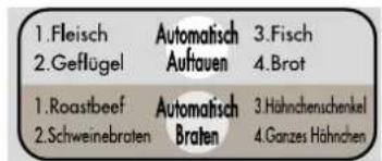 1. Fleisch 2. Geflügel 1. Roastbeef 2. Schweinebraten Automatisch Auftauen Automatisch Braten 3. Fisch 4. Brot 3. Hähnchenschenkel 4. Ganzes Hähnchen