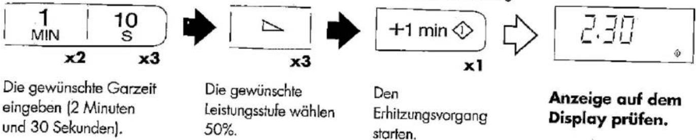 1 MIN 10 S x2 x3 Die gewünschte Garzeit eingeben (2 Minuten und 30 Sekunden). Die gewünschte Leistungsstufe wählen 50%. Den Erhitzungsvorgang starten. +1 min ◇ x1 2.30 Anzeige auf dem Display prüfen.