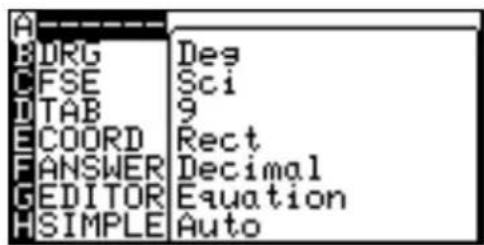 A B DRG Des C FSE Sci D TAB 9 E COORD Rect F ANSWER Decimal G EDITOR Equation H SIMPLE Auto