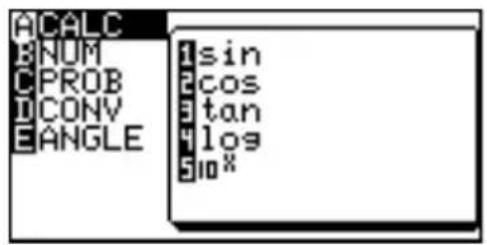 ACALC B NUM C PROB D CONV E ANGLE 1 sin 2 cos 3 tan 4 los 5 10 %