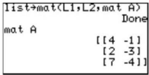 list→mat(L1,L2,mat A) Done mat A [[4 -1] [2 -3] [7 -4]]