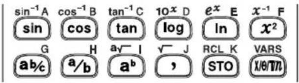 sin⁻¹ A cos⁻¹ B tan⁻¹ C 10ˣ D eˣ E x⁻¹ F sin cos tan log ln x² G H a√ I √ J RCL K VARS a/b a b , STO X/B/TN
