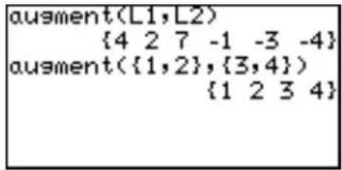 ausment(L1,L2) {4 2 7 -1 -3 -4} ausment({1,2},{3,4}) {1 2 3 4}