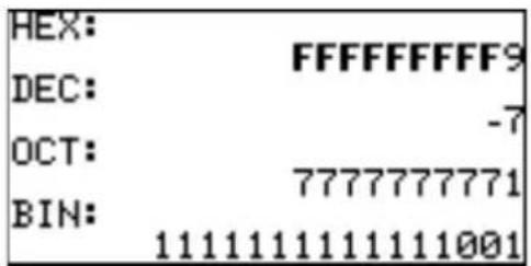 HEX: FFFFFFFF9 DEC: -7 OCT: 7777777771 BIN: 1111111111111001