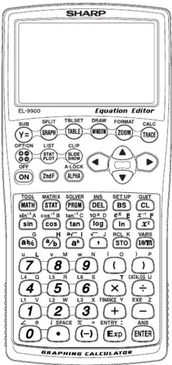 SHARP EL-9900 Equation Editor SUB SPLIT TBLSET DRAW FORMAT CALC Y= GRAPH TABLE WINDOW ZOOM TRACE OPTION LIST CLIP + - STAT SLIDE ▲ + + PLOT SHOW OFF A-LOCK ON 2ndF ALPHA TOOL MATRIX SOLVER INS SET UP QUIT MATH STAT PRGM DEL BS CL sln⁻¹ A cos⁻¹ B tan⁻¹ C 10 x D e x E x⁻¹ F sin cos tan log In x² G H a⁻¹ I √⁻ J RCL K VARS a b/c a/b a b , STO X/6/77 u L v M w N { O } P 7 8 9 ( ) L4 Q L5 R L6 S T CATALOG U 4 5 6 × ÷ L1 V L2 W L3 X FINANCE Y EXE Z 1 2 3 + - ∠ θ i SPACE π = ENTRY : ANS 0 • (-) Exp ENTER GRAPHING CALCULATOR