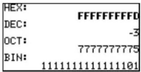 HEX: FFFFFFFFD DEC: -3 OCT: 7777777775 BIN: 1111111111111101