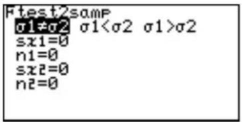 Ftest2samp σ1≠σ2 σ1<σ2 σ1>σ2 sx1=0 n1=0 sx2=0 n2=0
